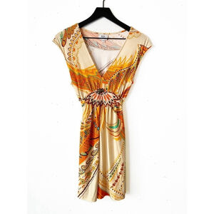 ECI New York Boho Paisley Beaded Waist Dress Sz M Orange Tan Multicolor